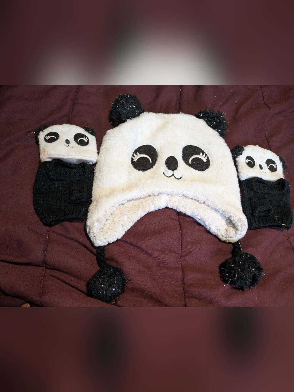 wonder nation Panda Earflap Hat and Mittens Set -‎ White and Black